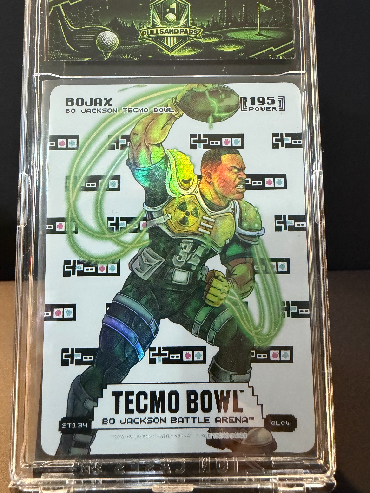 BoJax Bo Jackson Tecmo Bowl Glow BOBA card in a magnetic holder