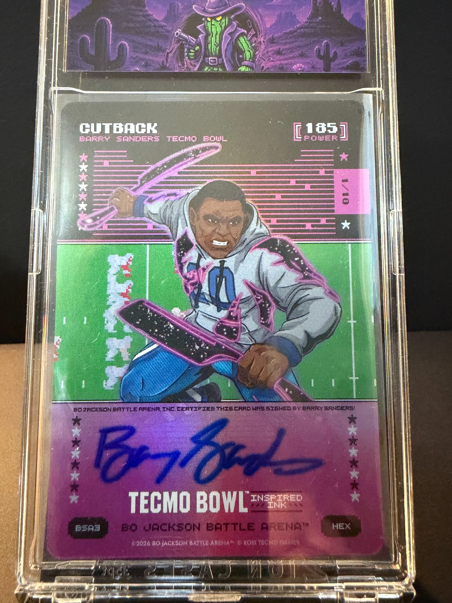 Cutback Barry Sanders signed Tecmo Bowl Hex BOBA card numbered 4 of 10